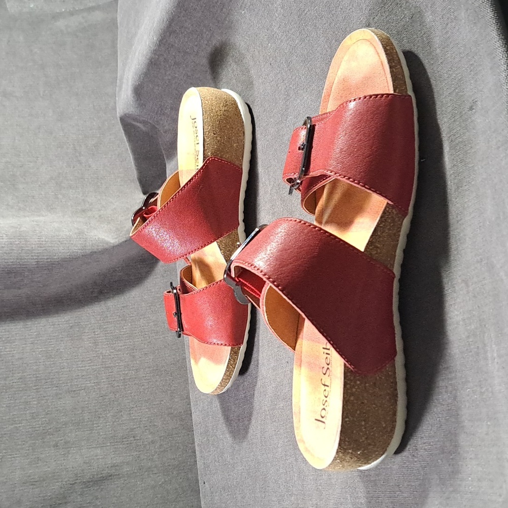 Josef Seibel Natalya 15 Red Dbl Leather Buckle Strap Sandals VG EU 37 US 6-6.5 - Picture 10 of 16